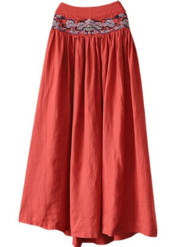 Plus Size Orange Cinched Embroidered Linen Skirt Spring