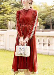 Plus Size Orange Cinched Patchwork Lace Silk Velour Long Dress Spring