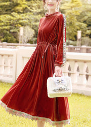 Plus Size Orange Cinched Patchwork Lace Silk Velour Long Dress Spring