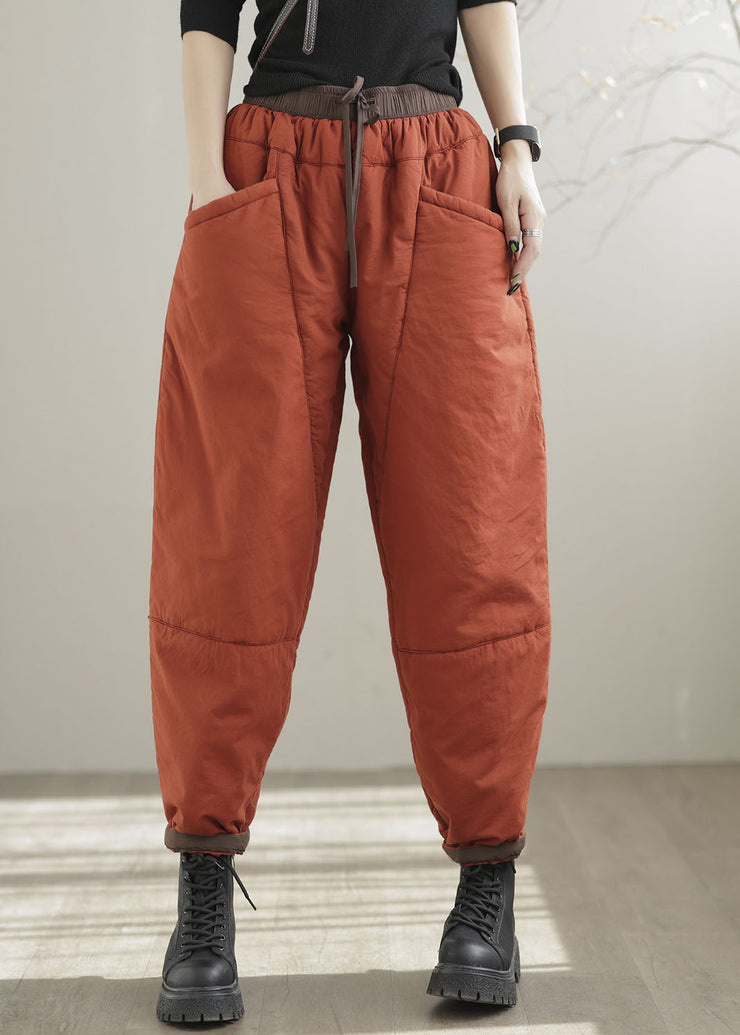 Plus Size Orange Elastic Waist Pockets Patchwork Fine Cotton Filled Pants Winter