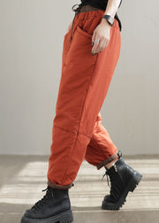 Plus Size Orange Elastic Waist Pockets Patchwork Fine Cotton Filled Pants Winter
