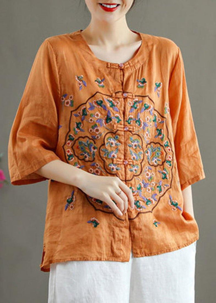 Plus Size Orange Embroideried Oriental Ramie Top Summer - SooLinen