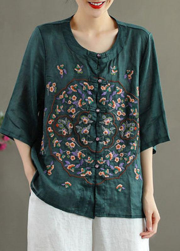 Plus Size Orange Embroideried Oriental Ramie Top Summer - SooLinen