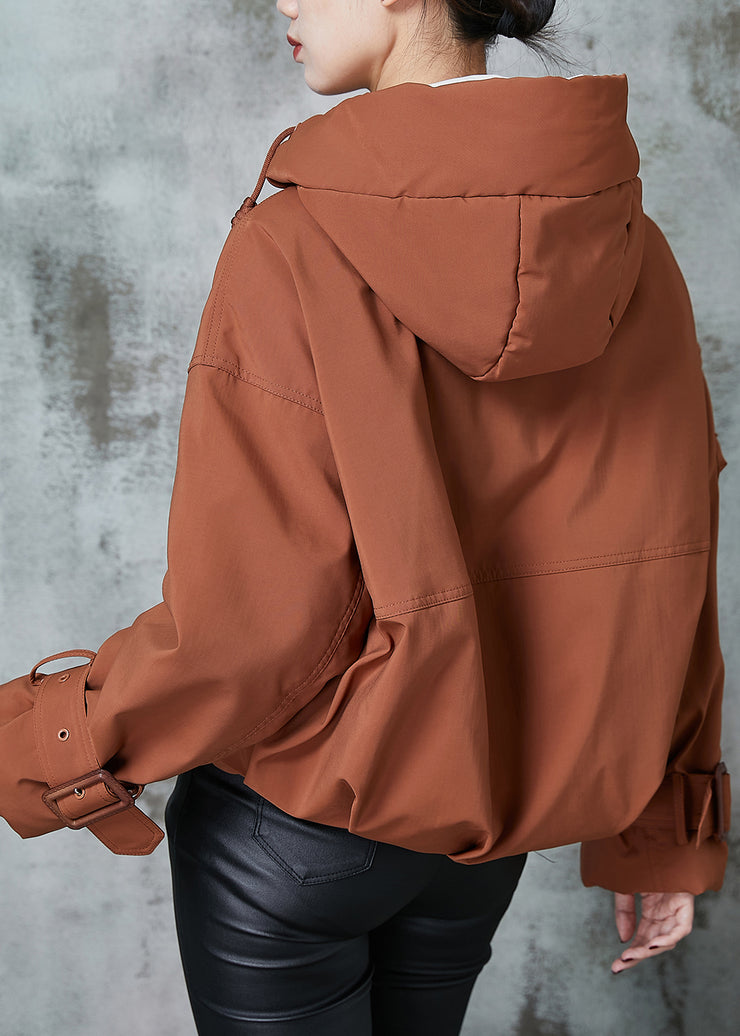 Plus Size Orange Hooded Pockets Duck Down Jacket In Winter