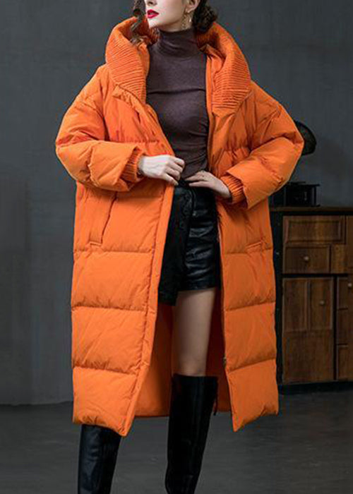 Plus Size Orange Hooded Zip Up Duck Down Down Coat Long Sleeve