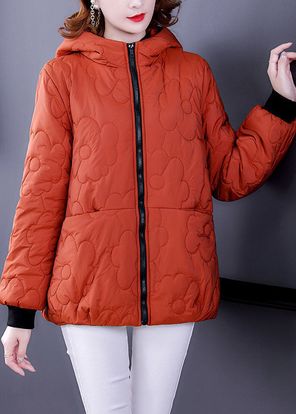 Plus Size Orange Hooded Zippered Fine Cotton Filled Winter Coats