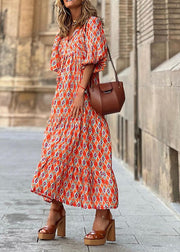 Plus Size Orange Lace Up Patchwork Print Exra Large Hem Long Dresses lantern sleeve