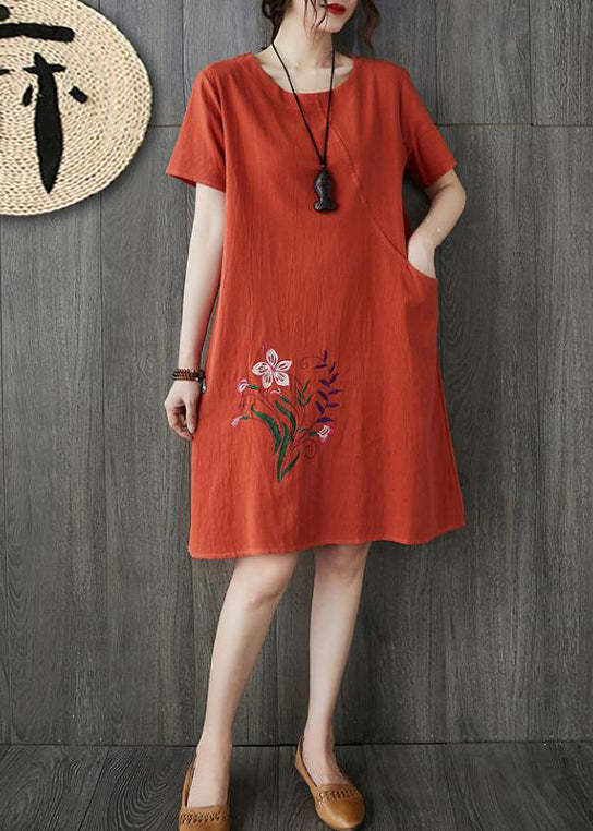 Plus Size Orange O-Neck Embroidered pocket Linen Dresses Short Sleeve