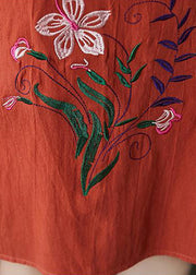 Plus Size Orange O-Neck Embroidered pocket Linen Dresses Short Sleeve
