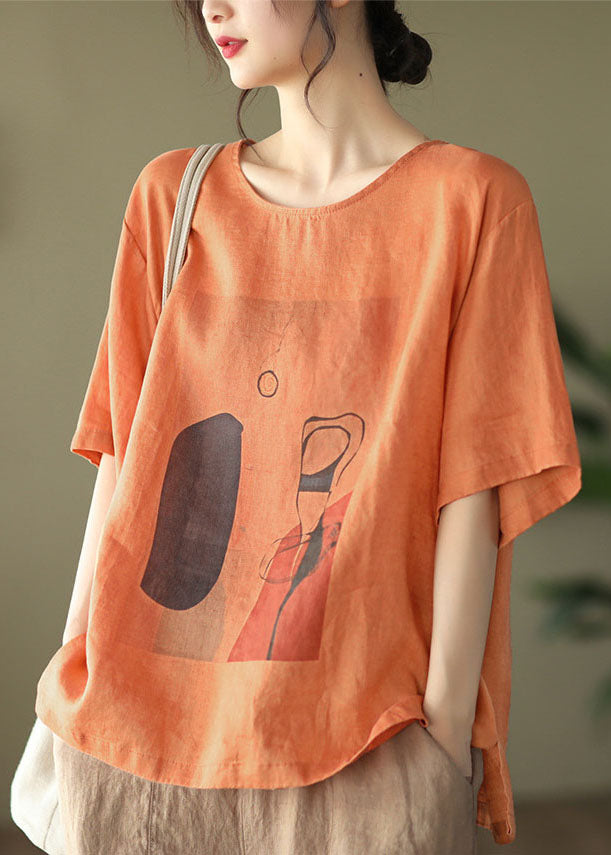 Plus Size Orange O-Neck Patchwork Linen Top Short Sleeve