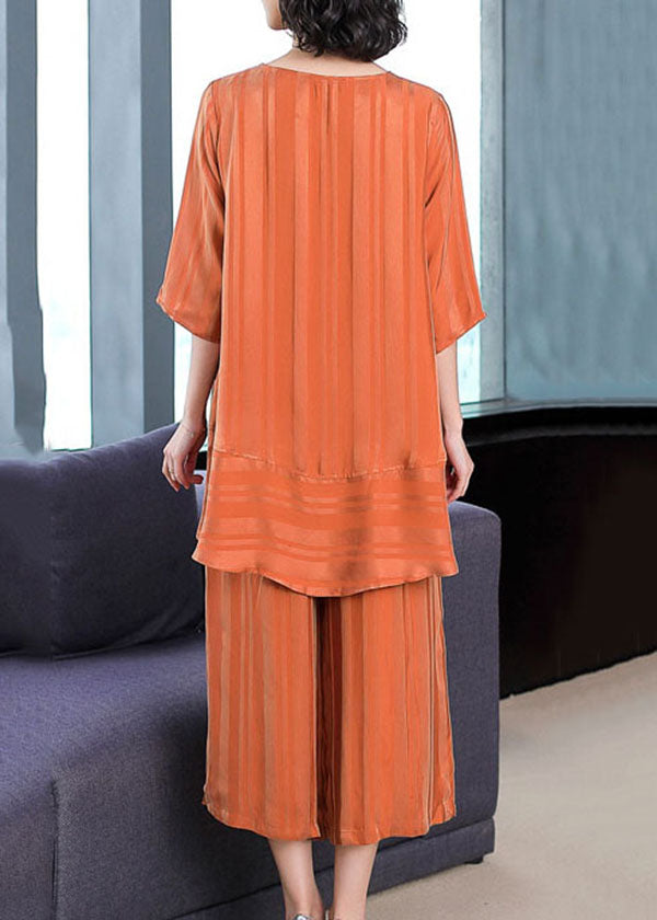 Plus Size Orange O-Neck Patchwork Silk Two Piece Set Women Clothing Summer