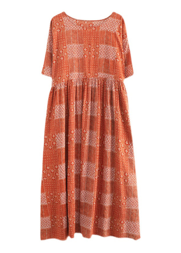 Plus Size Orange O-Neck Patchwork Wrinkled Party Maxi Dress Summer