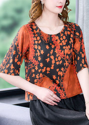 Plus Size Orange O-Neck Print Silk Shirt Top Short Sleeve