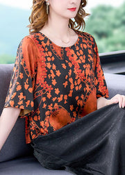 Plus Size Orange O-Neck Print Silk Shirt Top Short Sleeve