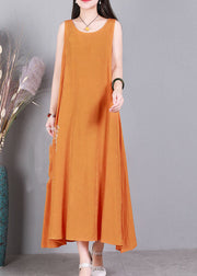 Plus Size Orange O-Neck Solid Color Leinen langes Kleid ärmellos