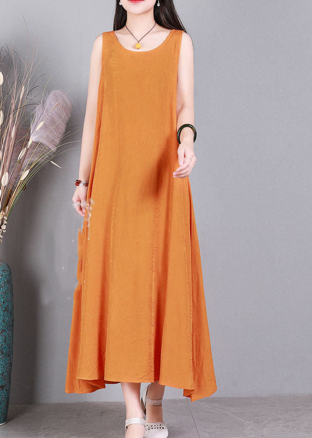 Plus Size Orange O-Neck Solid Color Linen Long Dress Sleeveless