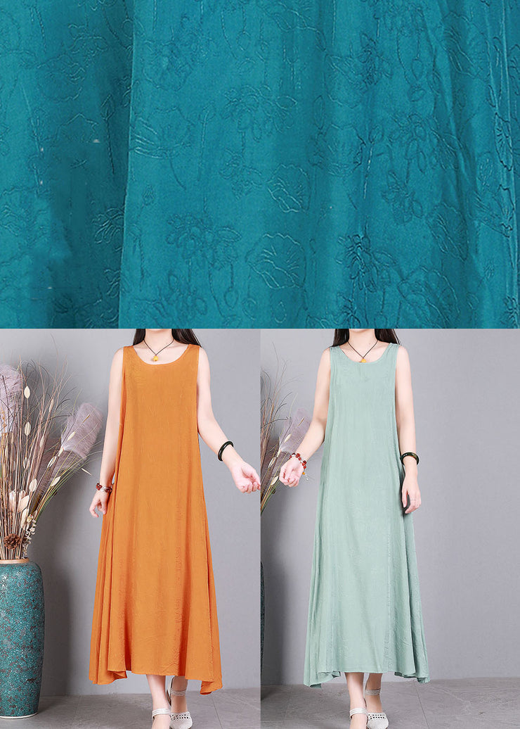 Plus Size Orange O-Neck Solid Color Linen Long Dress Sleeveless