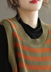 Plus Size Orange O-Neck Striped Knit Beach Vest Sleeveless