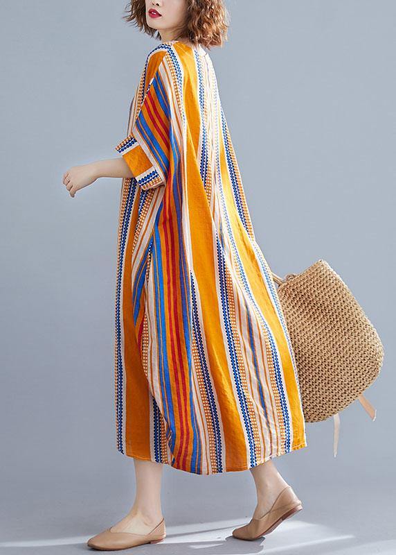 Plus Size Orange O-Neck Striped Summer Cotton Maxi Dresses - SooLinen