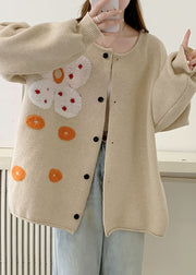 Plus Size Orange O-Neck Sun Floral Cotton Knit Sweaters Coats Long Sleeve