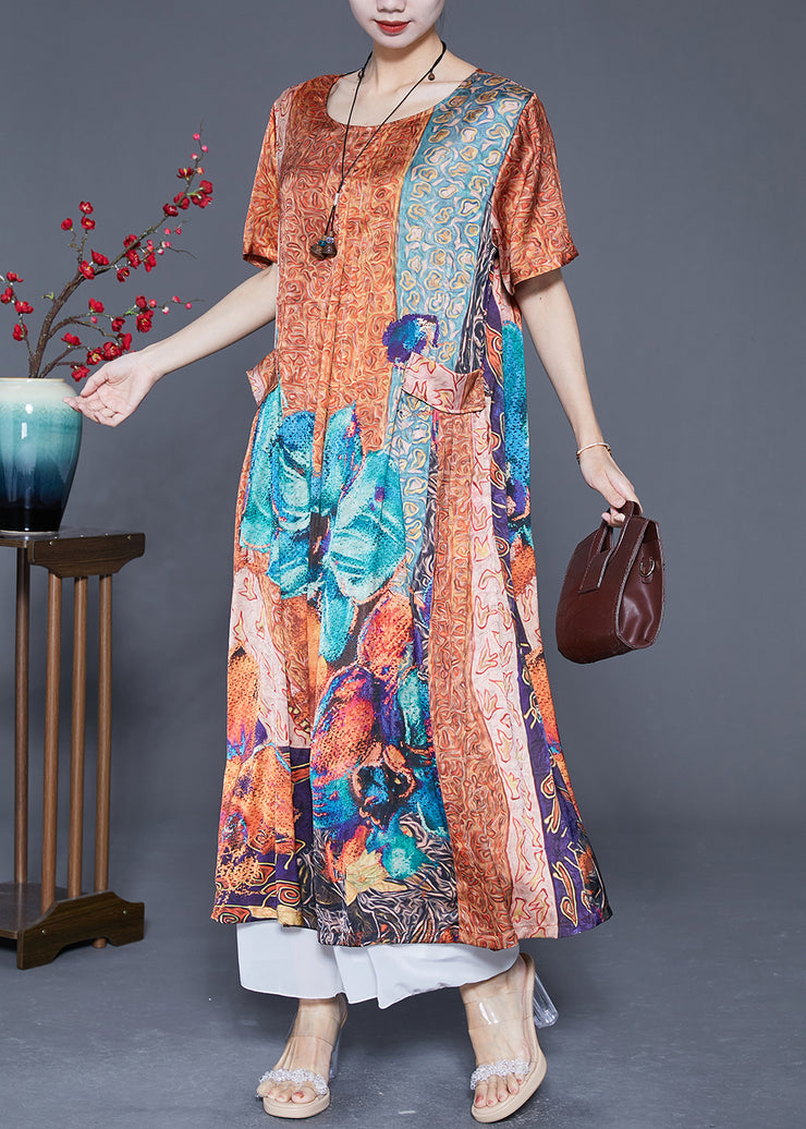 Plus Size Orange Oversized Print Pockets Silk Vacation Dresses Summer