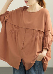 Plus Size Orange Patchwork Batwing Sleeve Cotton Shirt Tops Summer - SooLinen