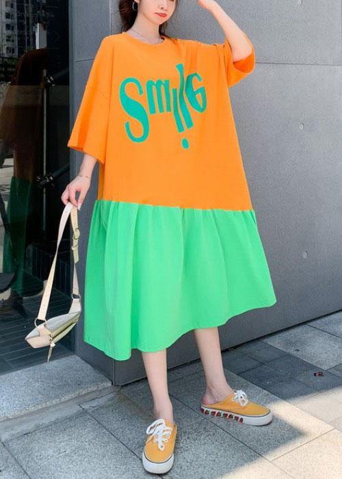 Plus Size Orange Patchwork Green Loose Graphic Summer Half Sleeve Long Dress - SooLinen