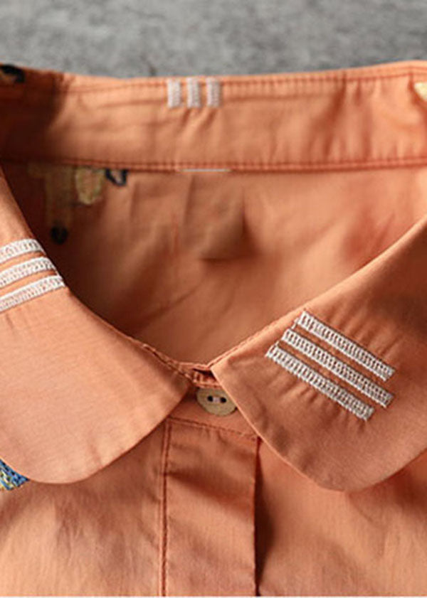 Plus Size Orange Peter Pan Collar Embroidered Cotton Shirt Dresses Bracelet Sleeve