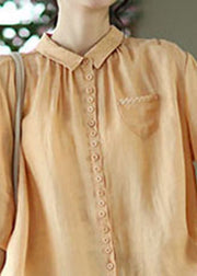 Plus Size Orange Peter Pan Collar Pockets Linen Shirt Tops Half Sleeve