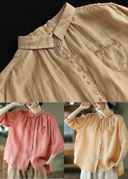 Plus Size Orange Peter Pan Collar Pockets Linen Shirt Tops Half Sleeve