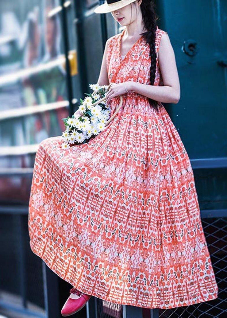 Plus Size Orange Print Cinched Ruffled Summer Linen Dress - SooLinen