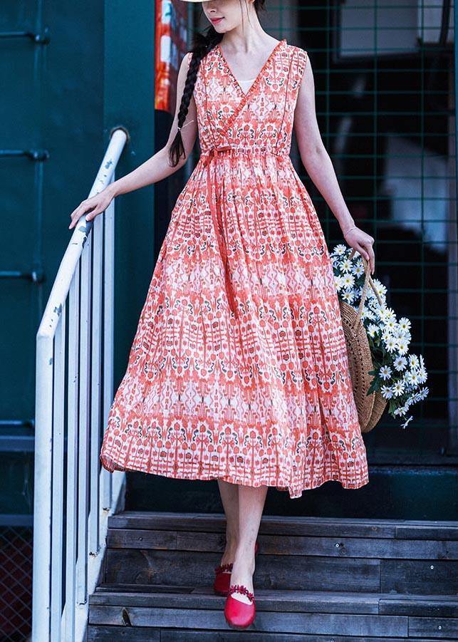 Plus Size Orange Print Cinched Ruffled Summer Linen Dress - SooLinen