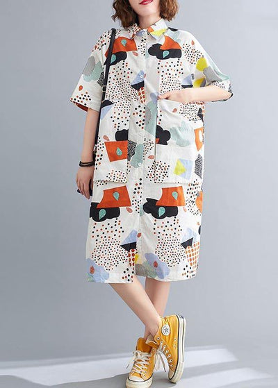 Plus Size Orange Print Cotton Pockets Summer Dresses - SooLinen