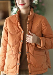 Plus Size Orange Stand Collar Pockets Fine Cotton Filled Parkas Winter
