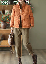 Plus Size Orange Stand Collar Pockets Fine Cotton Filled Parkas Winter