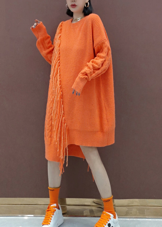 Plus Size Orange Tasseled Patchwork Knit Knit Sweater Dress Winter