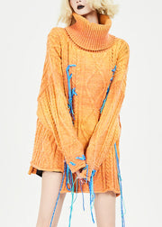 Plus Size Orange Turtleneck Patchwork Cozy Thick Knit Sweaters Fall