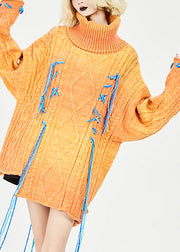 Plus Size Orange Turtleneck Patchwork Cozy Thick Knit Sweaters Fall