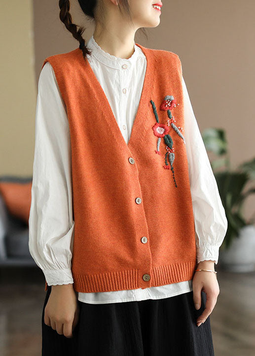 Plus Size Orange V Neck Embroidered Knit vest Spring