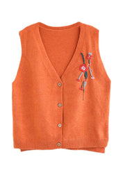 Plus Size Orange V Neck Embroidered Knit vest Spring