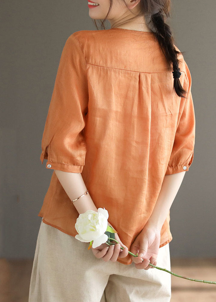 Plus Size Orange V Neck Embroidered Linen Blouse Top Half Sleeve