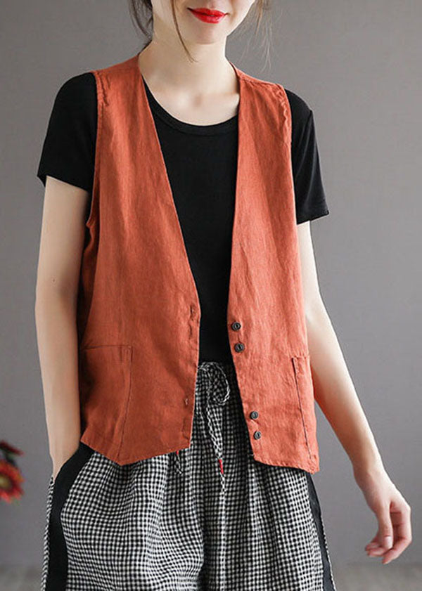 Plus Size Orange V Neck Pockets Linen Vest Tops Sleeveless