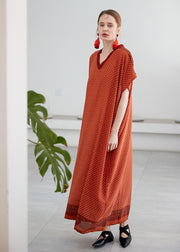Plus Size Orange V Neck Print Chiffon Vacation Robe Dresses Summer