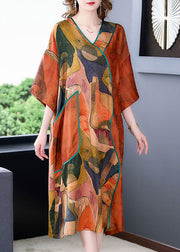 Plus Size Orange V Neck Print Patchwork Silk Dresses Summer