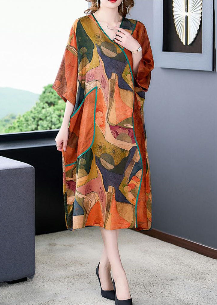 Plus Size Orange V Neck Print Patchwork Silk Dresses Summer