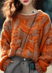 Plus Size Orange Warm Cotton Knitted Cable Sweater Winter