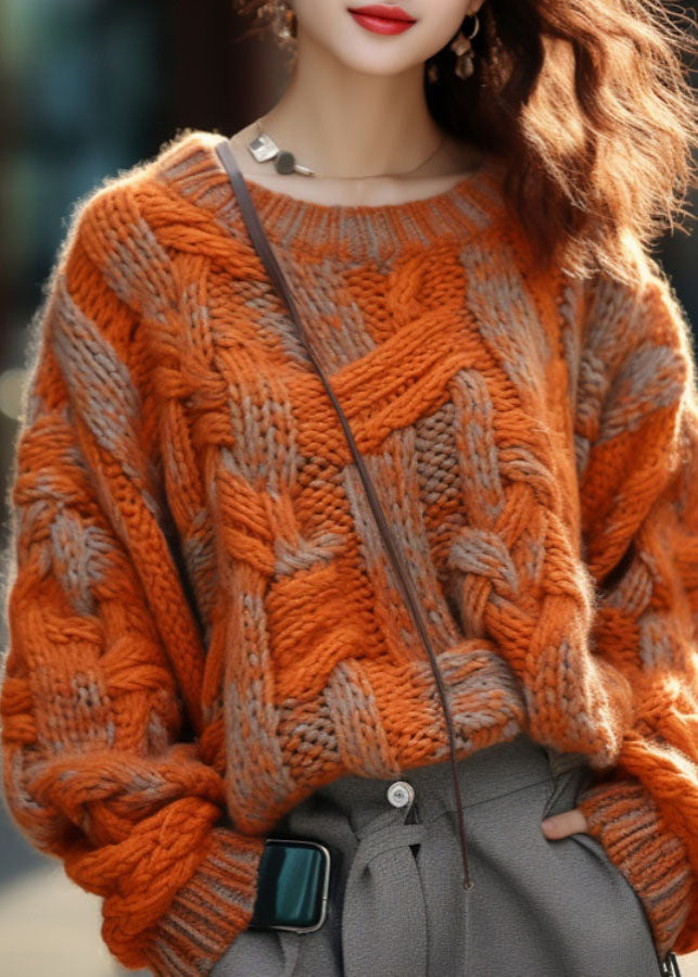Plus Size Orange Warm Cotton Knitted Cable Sweater Winter