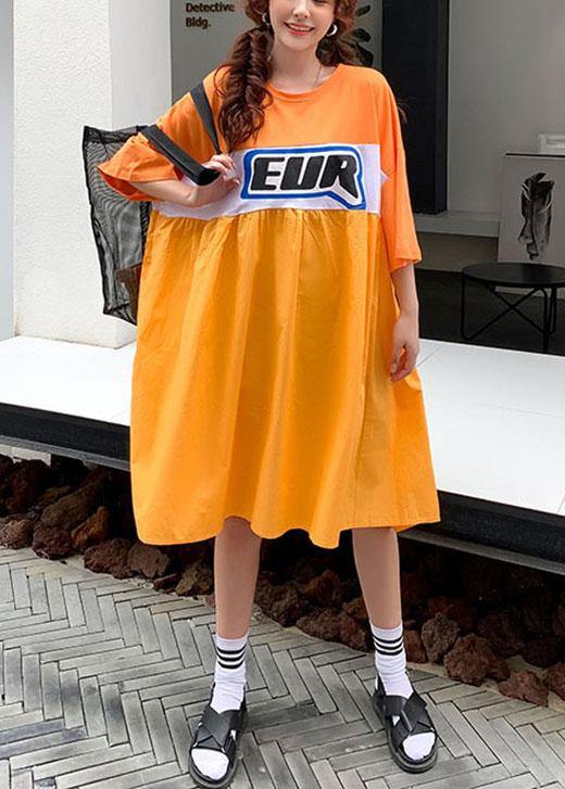 Plus Size Orange White Patchwork Yellow O-Neck Summer Graphic Half Sleeve Long Dresses - SooLinen