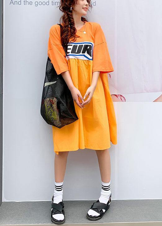 Plus Size Orange White Patchwork Yellow O-Neck Summer Graphic Half Sleeve Long Dresses - SooLinen