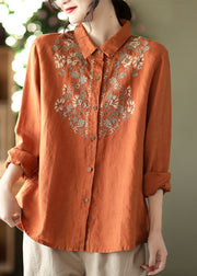 Plus Size Orange button Peter Pan Collar Embroidered Linen Blouses Spring